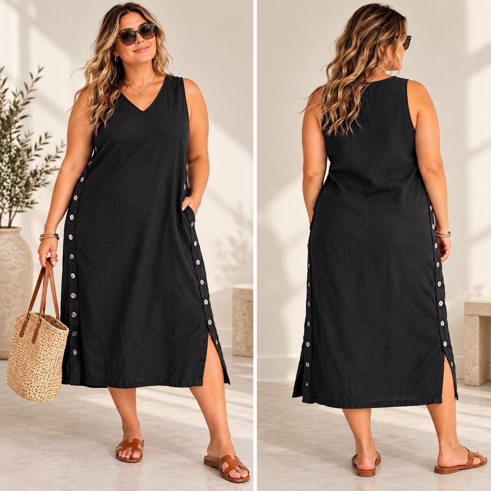 Madewell Linen Cotton Side Button Midi Dress Women's 1X Black Sleeveless